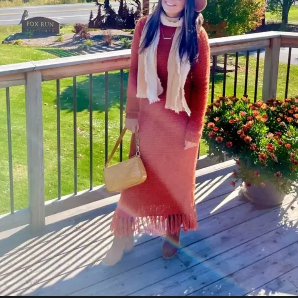 Pamela Love Clay Brown Crochet Maxi Dress LARGE Sweater Fringe Designer $395 - Picture 7 of 13